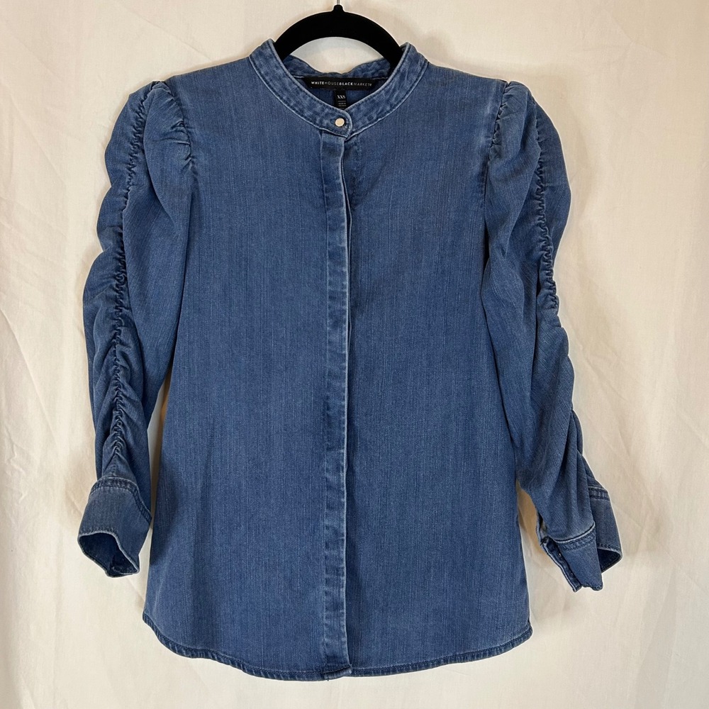 White House Black Market Denim Tunic Top XXS Ruched Sleeve Button Up Shirt